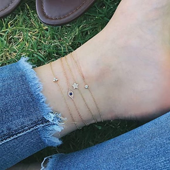 14K Gold Plated Tiny Bead Anklet Dainty White Cubic Zirconia Cros Ankle Bracelet - Picture 1 of 3